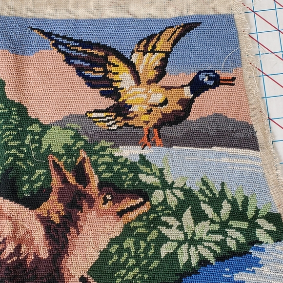 Coyote Dog Duck Embroidered Tapestry Piece 22x18 Handmade Cottagecore Rectangle - Picture 4 of 5